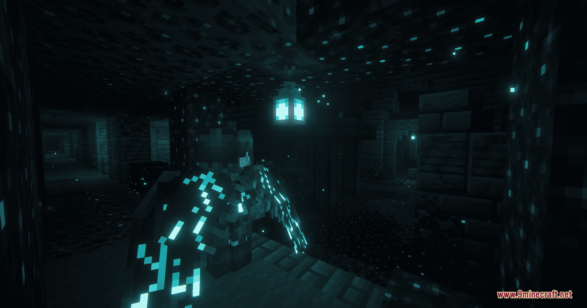 Icarus Re Winged by R3ynex Mod Screenshot 2 A player wearing glowing blue wings explores a dark underground ancient city