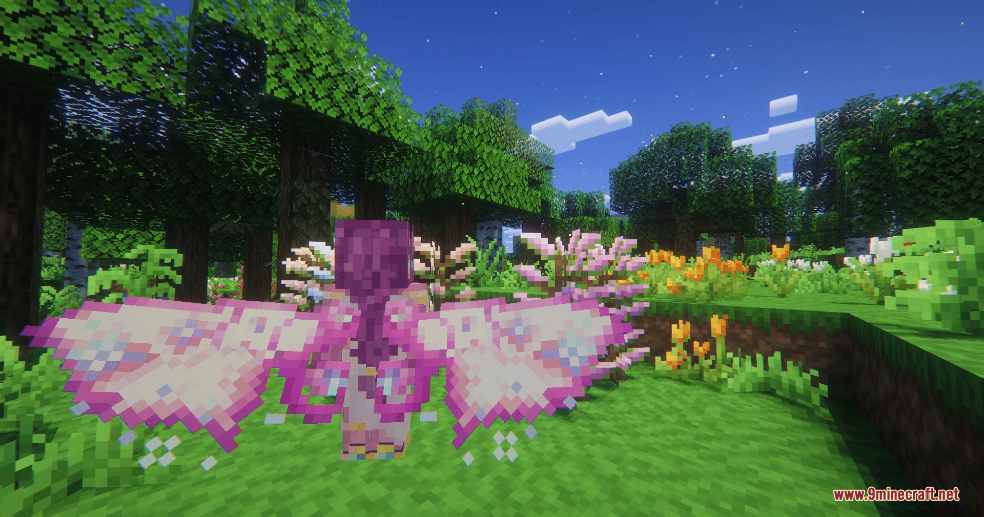 Icarus Re Winged by R3ynex Mod Screenshot 3 A player wearing pink butterfly wings stands in a lush flower forest