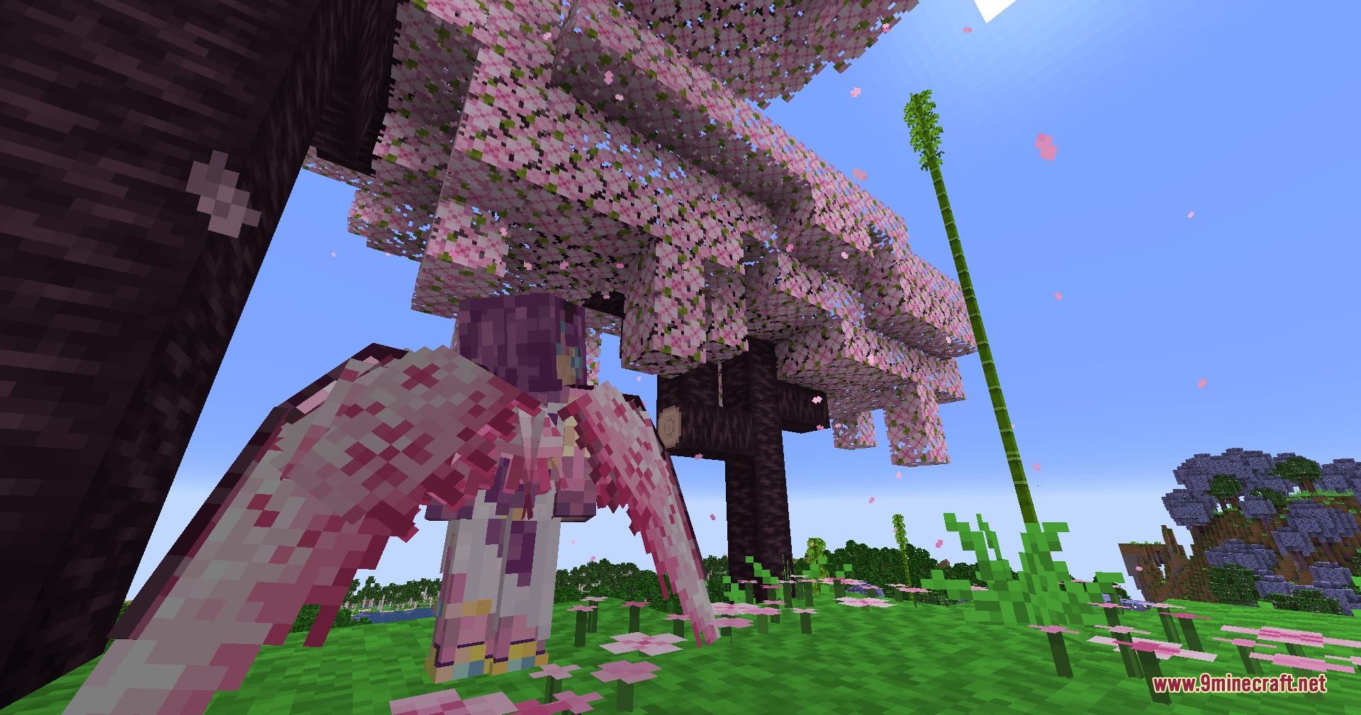 Icarus Re Winged by R3ynex Mod Screenshot 5 A character wearing pink feathered wings stands beneath a cherry blossom tree