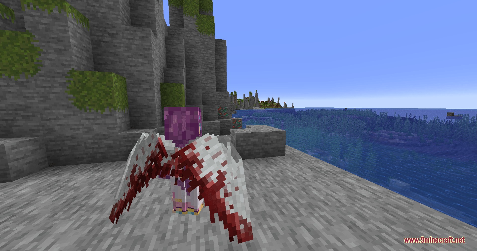 Icarus Re Winged by R3ynex Mod Screenshot 6 A character wearing red and white wings looks out over the blue ocean