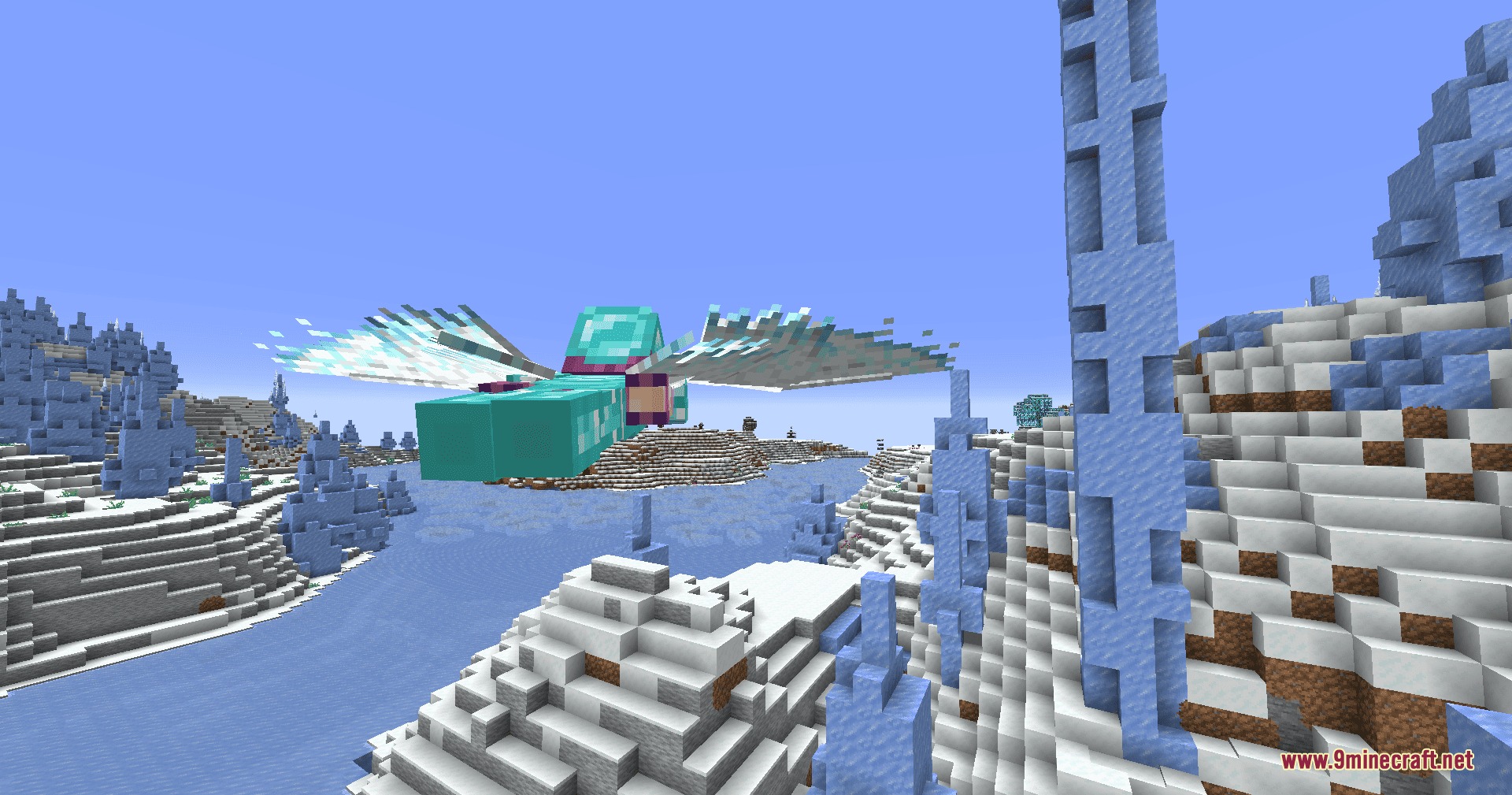 Icarus Re Winged by R3ynex Mod Screenshot 7 Player wearing diamond armor soaring through an ice spikes biome with custom wings