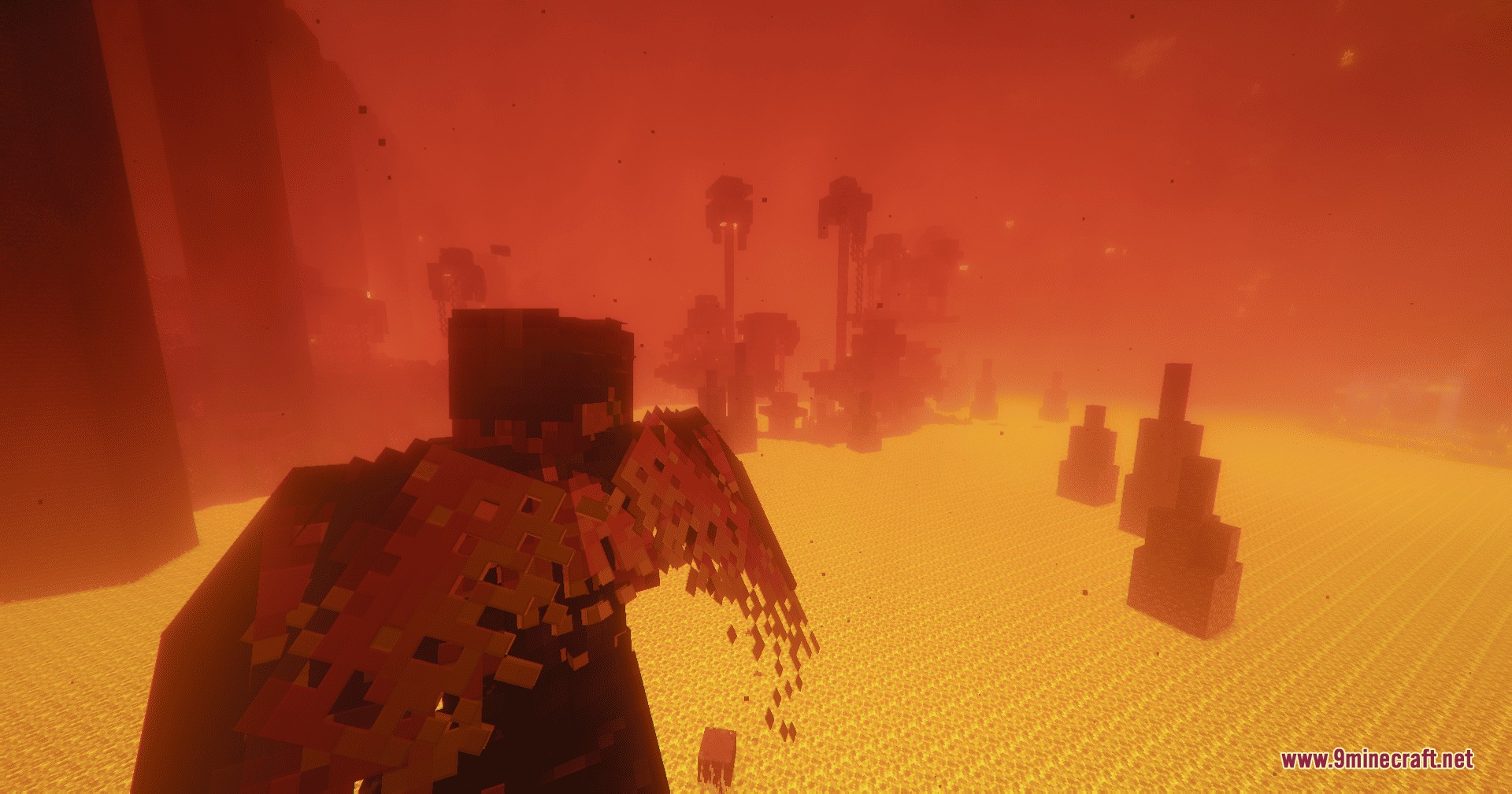 Icarus Re Winged by R3ynex Mod Screenshot 8 Character with dark tattered wings overlooking a fiery landscape in the Nether dimension