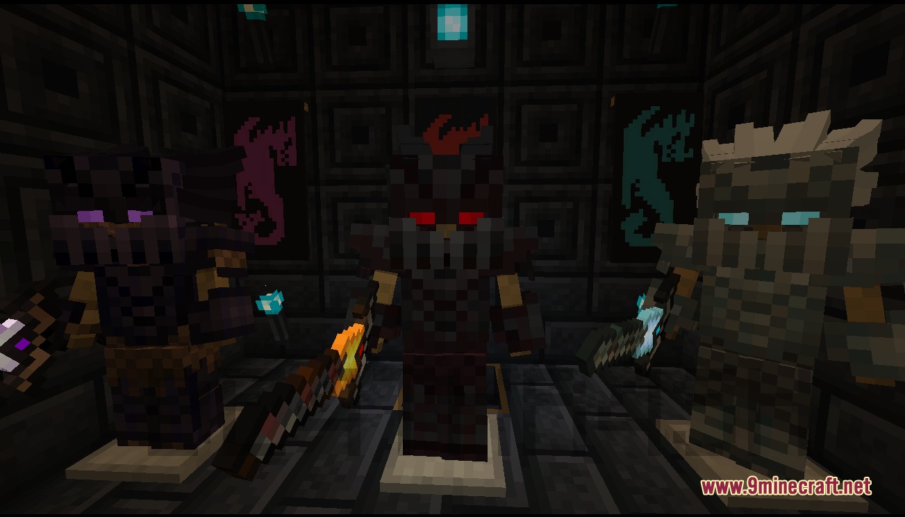 Ice & Fire Dragonsteel Weaponry Resource Pack Screenshot 4 Three armor stands showcasing different dragonsteel armor sets and glowing elemental weapons