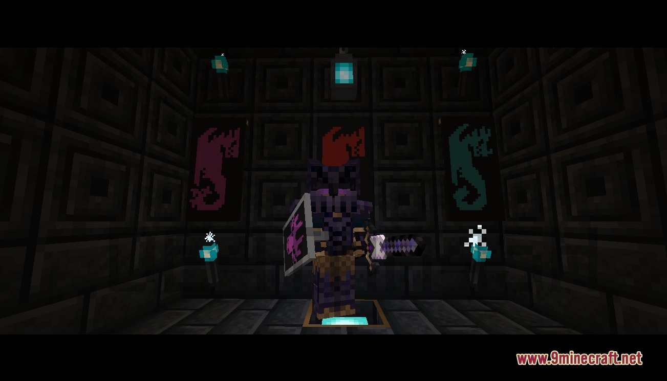 Ice & Fire Dragonsteel Weaponry Resource Pack Screenshot 5 Player wearing dark fire dragonsteel armor and holding a matching shield and sword