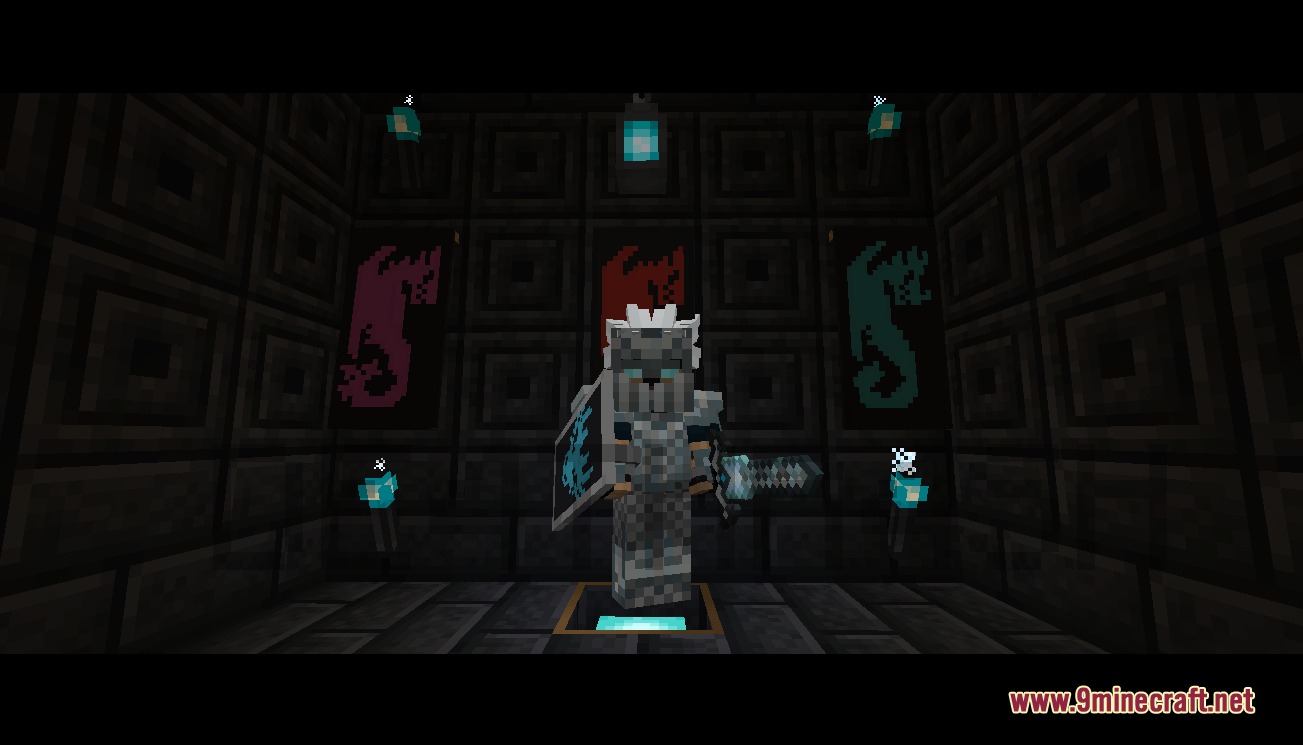 Ice & Fire Dragonsteel Weaponry Resource Pack Screenshot 6 Player wearing light ice dragonsteel armor and holding a matching shield and sword
