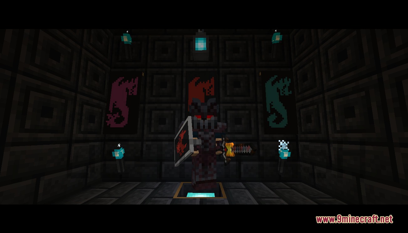 Ice & Fire Dragonsteel Weaponry Resource Pack Screenshot 7 A player in dragonsteel armor stands before three colorful dragon banners