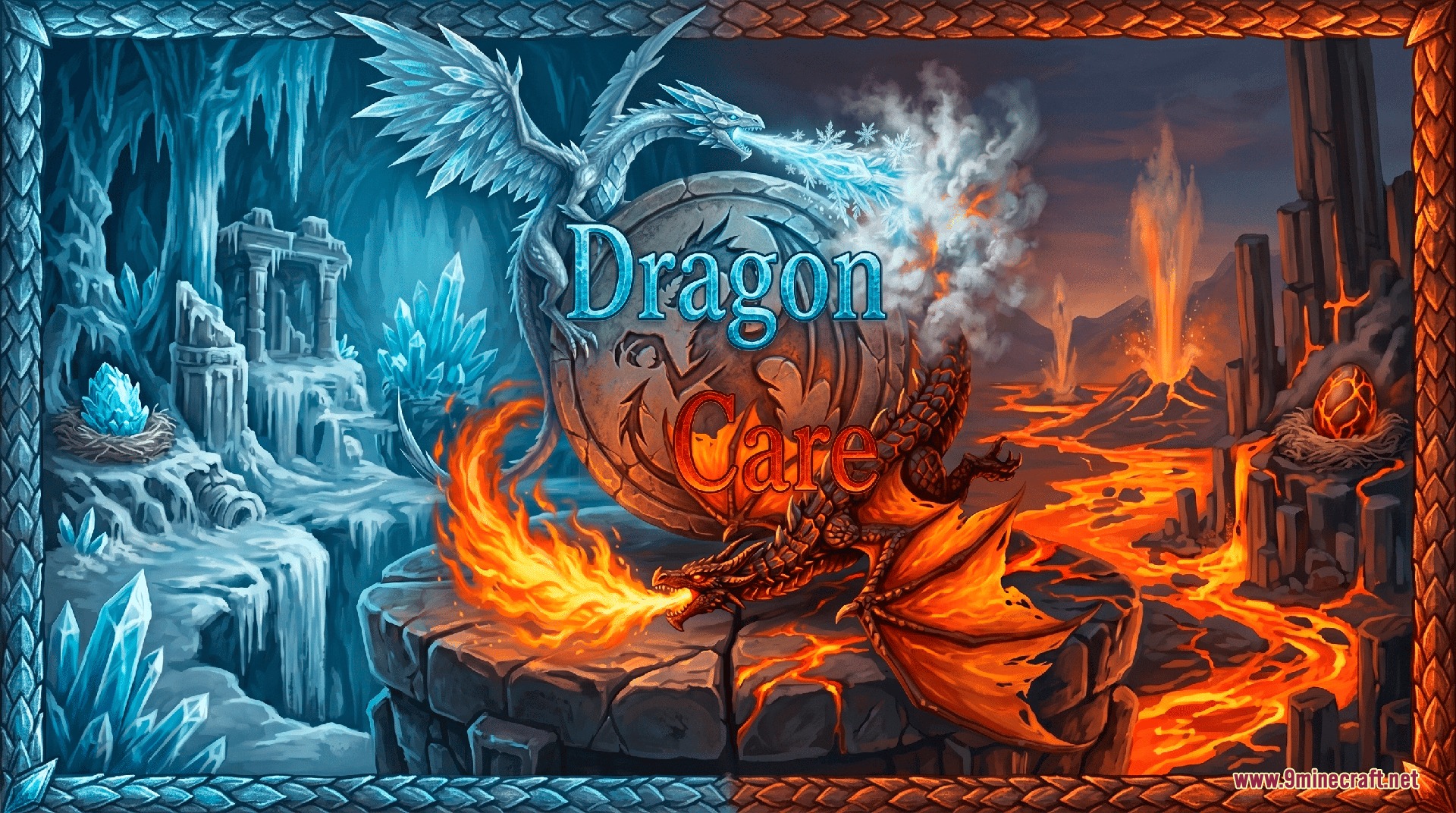 Ice and Fire Dragon Care Mod Screenshot 1 Ice and fire dragons facing each other in the Dragon Care mod artwork