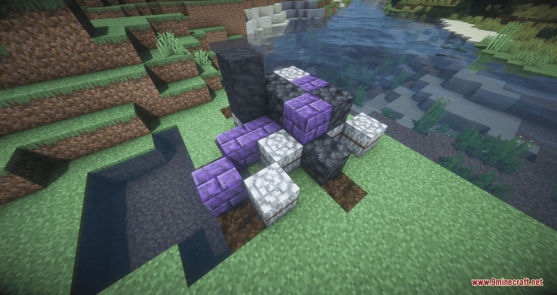 Ice and Fire Dragon Care Mod Screenshot 3 Various purple blocks and toxic dragon ash placed near a river bank