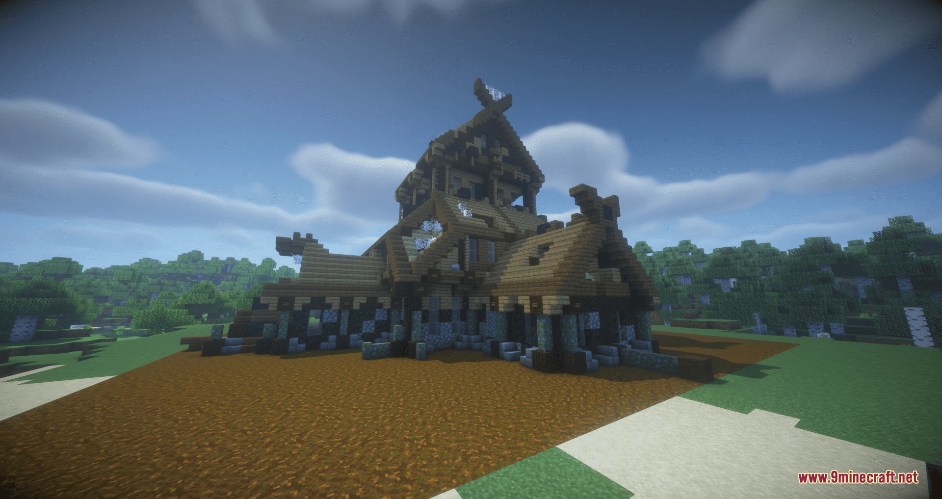 Ice and Fire Dragon Care Mod Screenshot 5 A large wooden Nordic hall stands in a forest clearing under blue skies