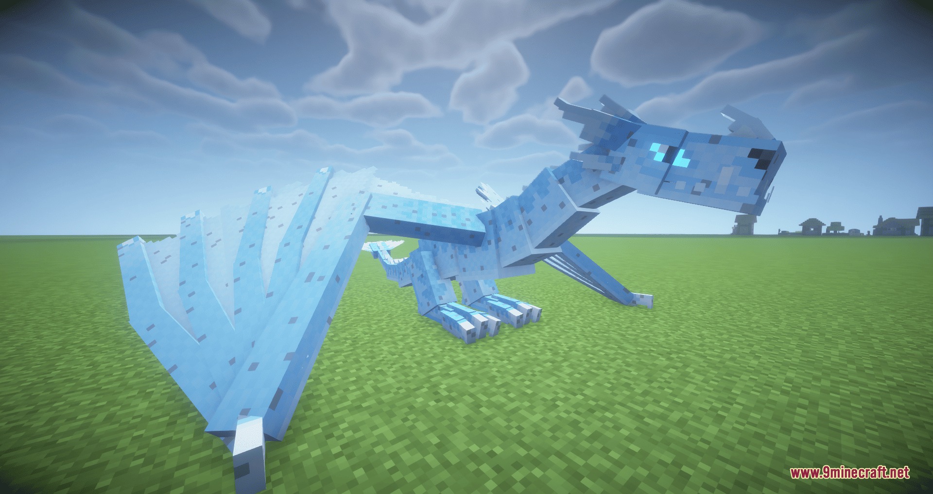 Ice and Fire Dragon Care Mod Screenshot 7 A large light blue ice dragon standing on a green grass field