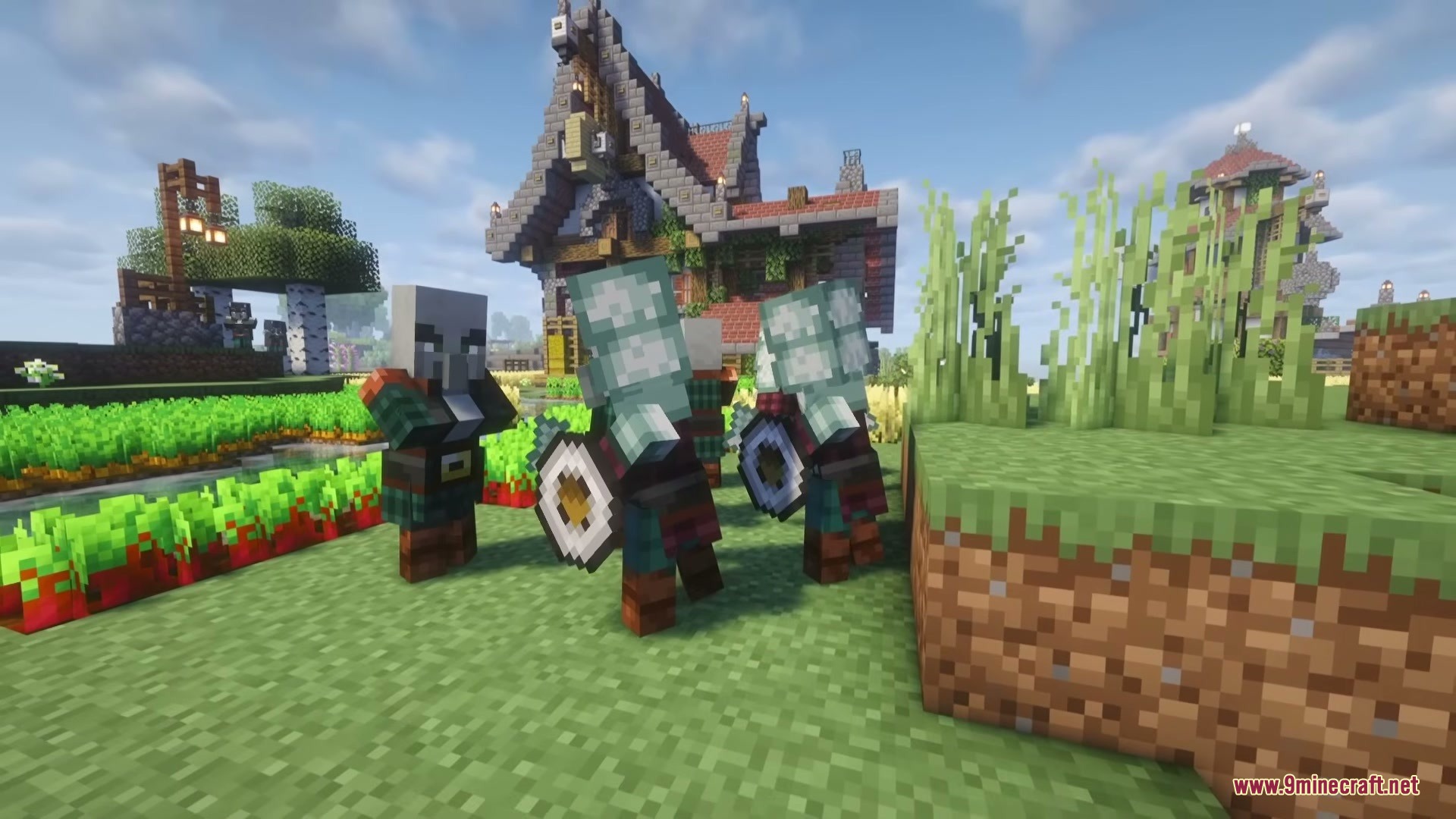 Illager Expansions Mod Screenshot 1 Retaliator and Elite Vindicator illagers standing in a village near farm crops