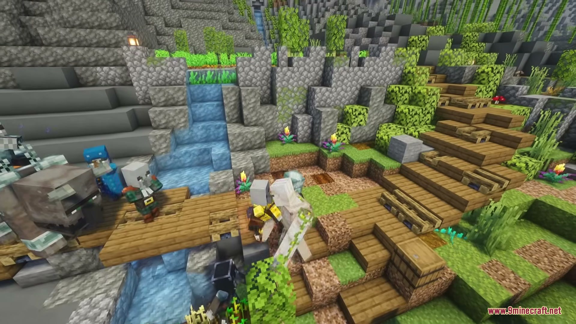 Illager Expansions Mod Screenshot 10 Elite Illager variants battle an Iron Golem near a scenic mountain waterfall