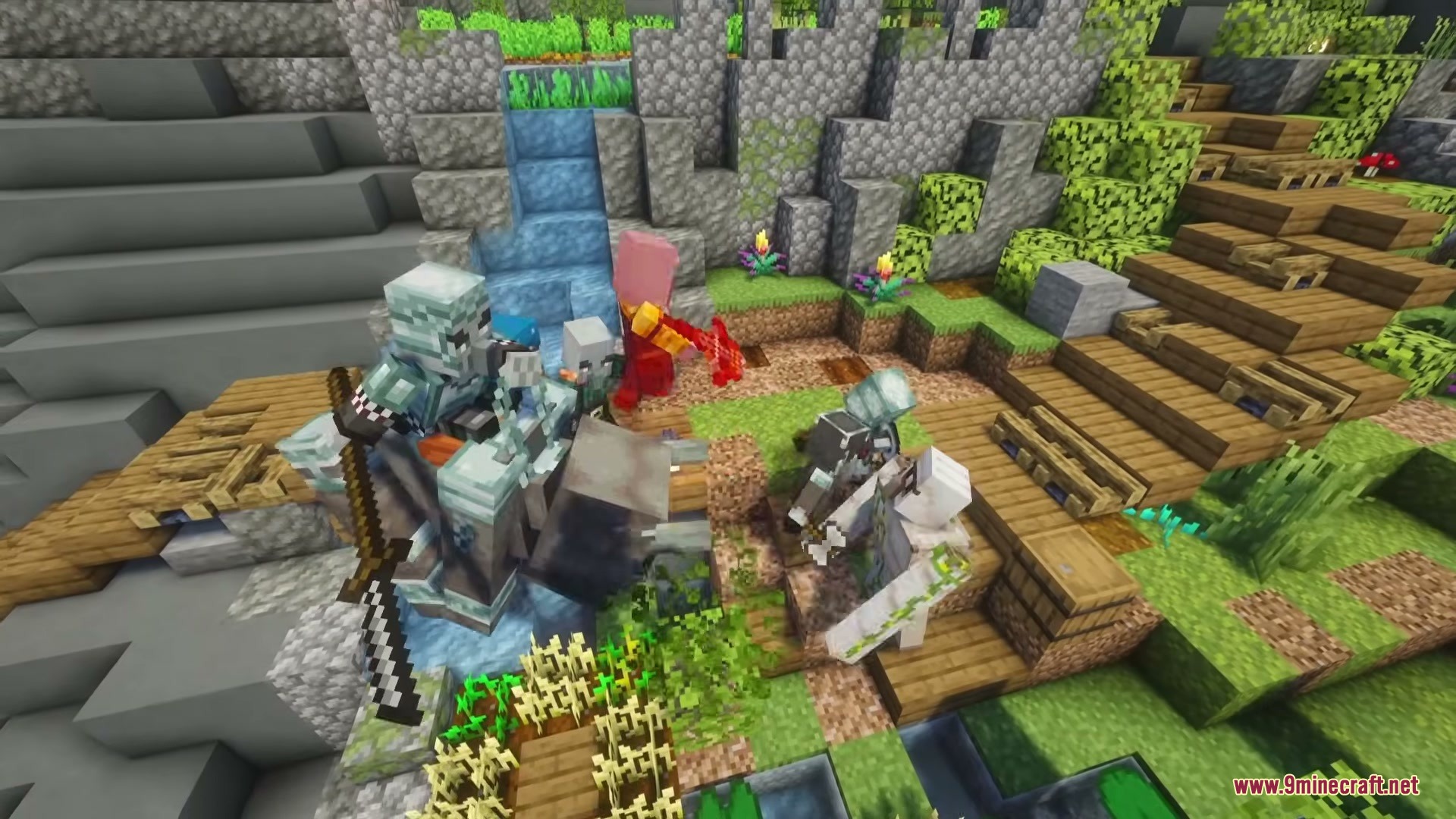 Illager Expansions Mod Screenshot 11 Elite illagers and a ravager rider attacking a village near a waterfall