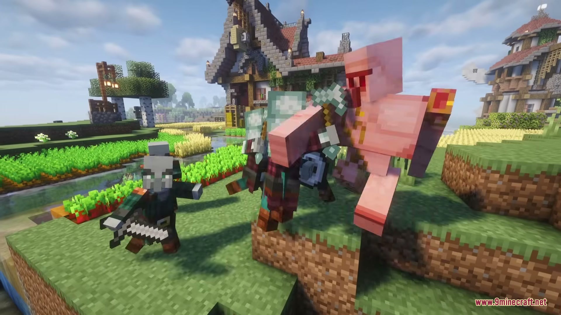 Illager Expansions Mod Screenshot 2 An iron golem attacking a Retaliator and Elite Vindicator in a village