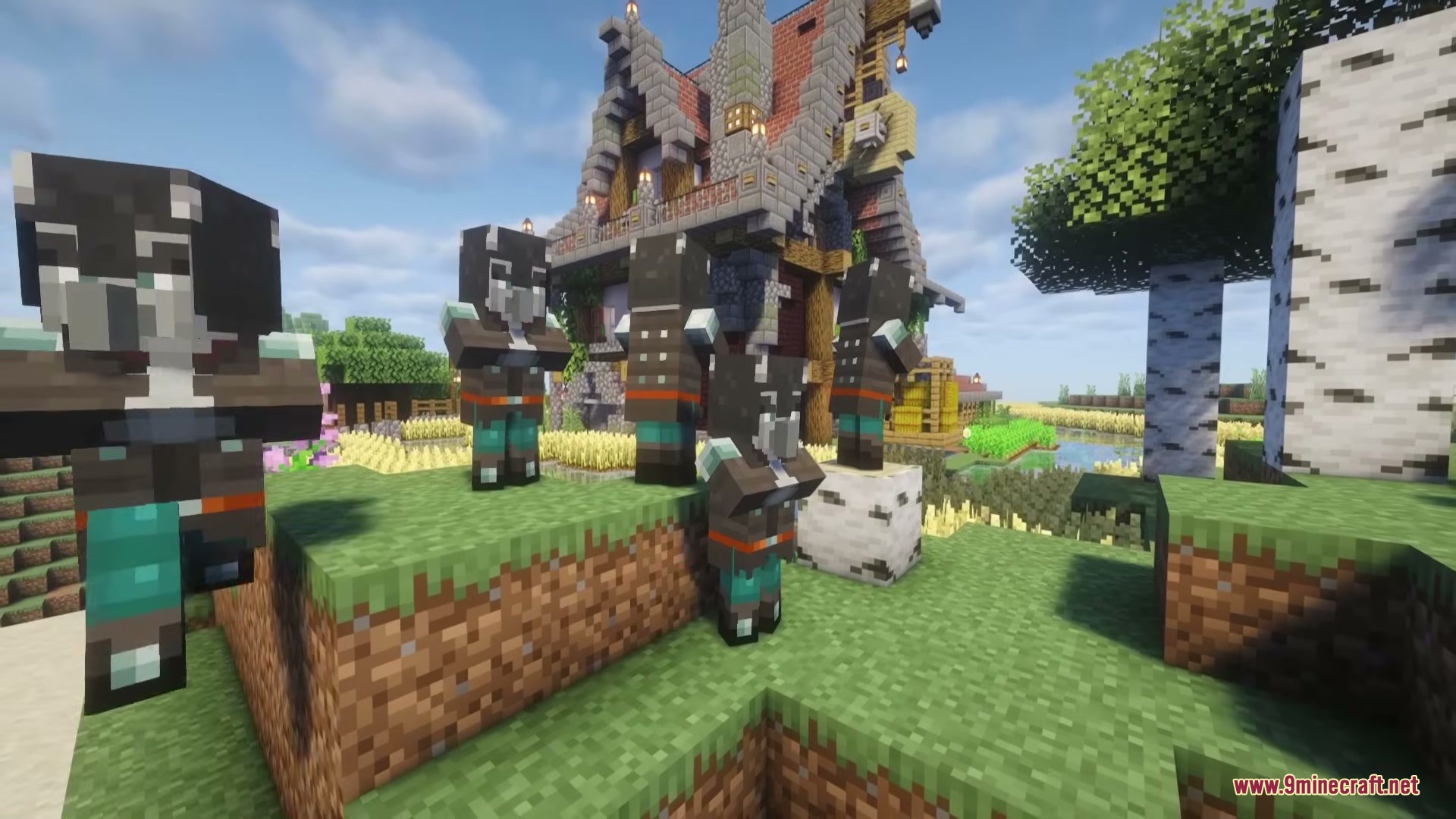 Illager Expansions Mod Screenshot 3 Several unique Illager variants standing together in front of a detailed house