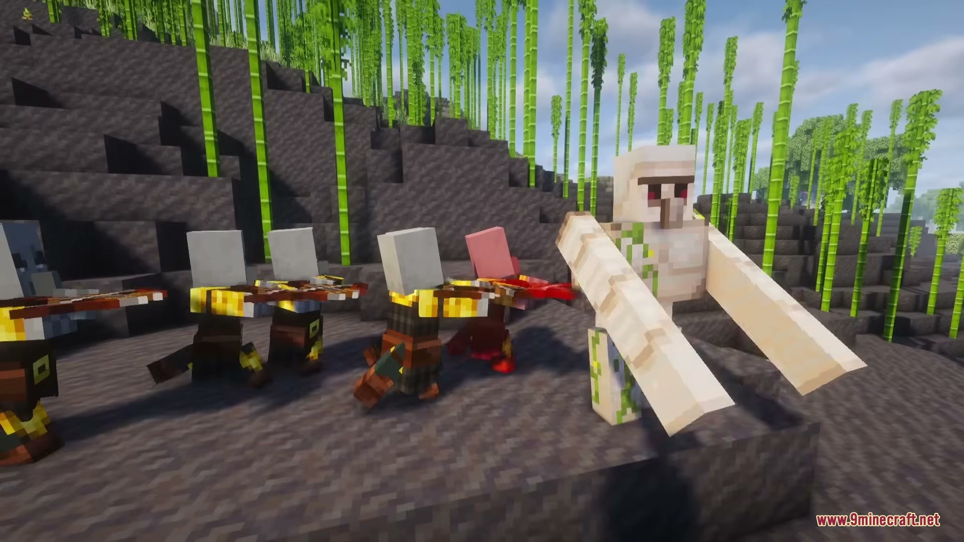 Illager Expansions Mod Screenshot 5 Elite Pillagers in golden armor fire arrows at a defensive Iron Golem