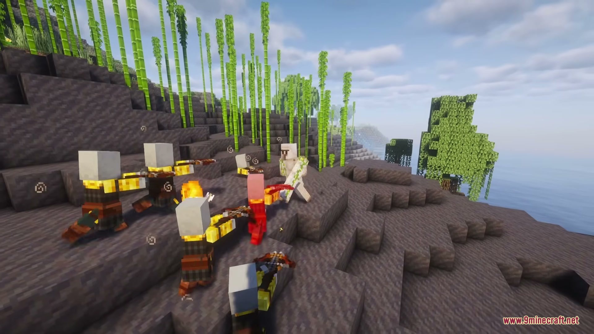 Illager Expansions Mod Screenshot 6 Elite Pillagers surround and attack an Iron Golem in a bamboo forest
