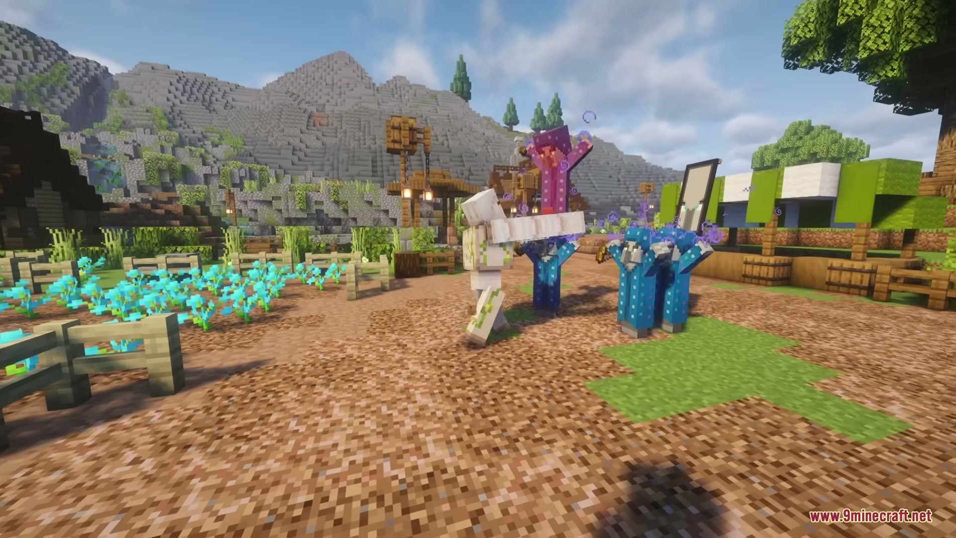 Illager Expansions Mod Screenshot 7 An Iron Golem fights off a group of Illagers in a village