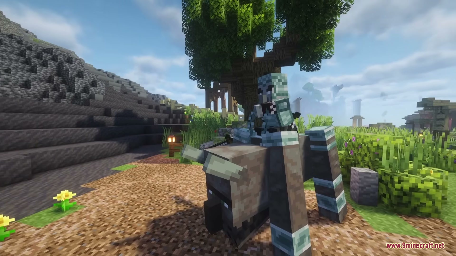 Illager Expansions Mod Screenshot 8 A Ravager Rider mini boss stands in a village during a raid