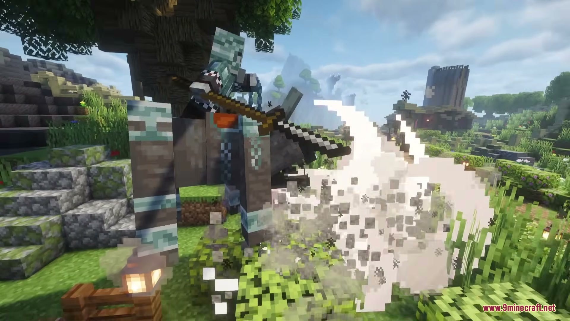 Illager Expansions Mod Screenshot 9 A powerful Ravager Rider attacks with a massive sword in a village raid