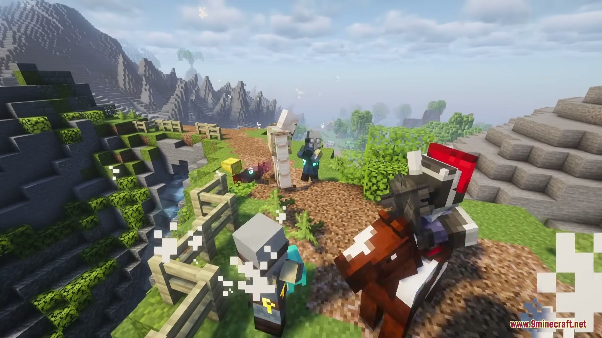 Illager Universe Mod Screenshot 10 Illagers and a horse rider surrounding an Iron Golem in a hilly landscape