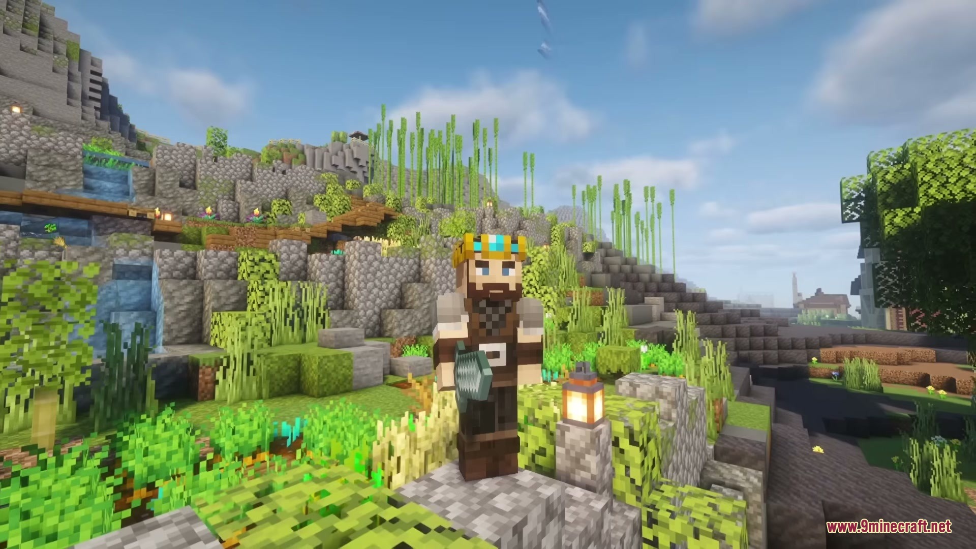 Illager Universe Mod Screenshot 11 A royal character with a crown and axe in a lush Minecraft environment