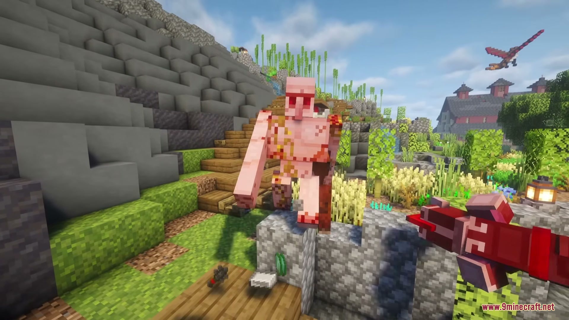 Illager Universe Mod Screenshot 6 A damaged Iron Golem stands before a player wielding a red weapon