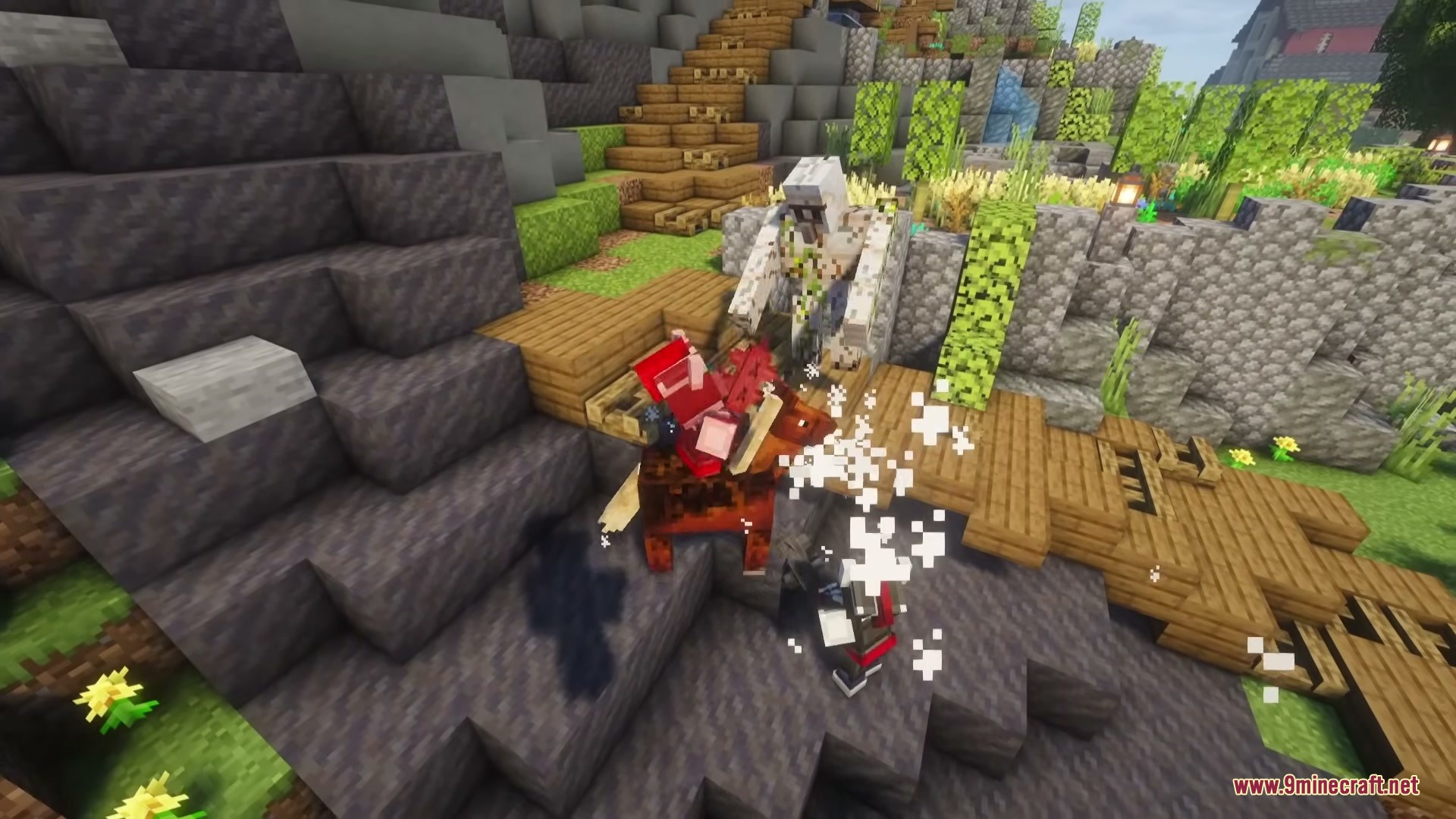 Illager Universe Mod Screenshot 7 An Iron Golem battles a Prinzologer on a horse in a village