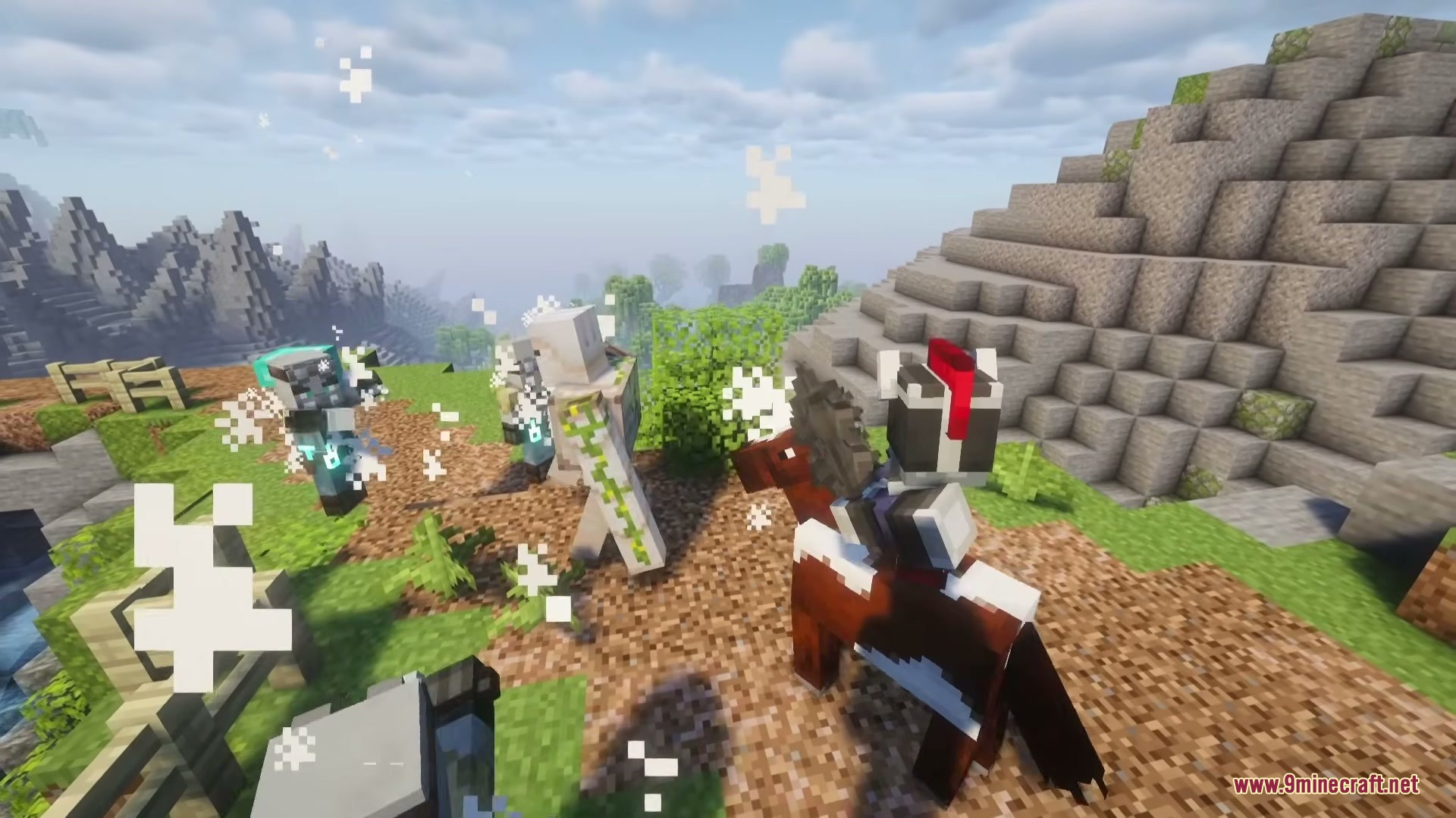 Illager Universe Mod Screenshot 9 Iron Golem fighting a Prinzologer on a horse and several other Illagers