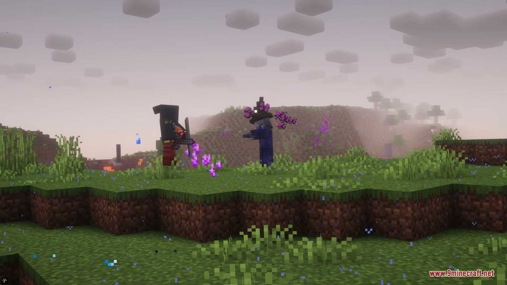 Illusion Onslaught Mod Screenshot 12 A cultist mob and an illager battle on a grassy hill