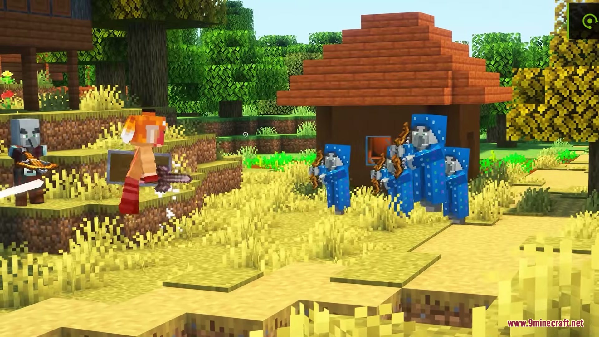 Illusion Onslaught Mod Screenshot 2 Several Illusioners in blue robes battle a player near a small wooden house