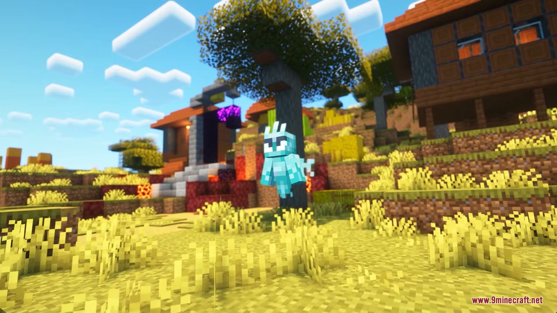 Illusion Onslaught Mod Screenshot 3 A small blue spirit mob floats in a sunny savanna village
