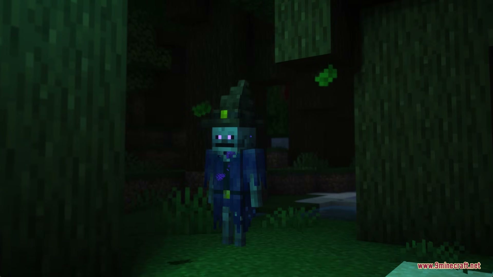 Illusion Onslaught Mod Screenshot 4 An Illusioner mob with glowing eyes stands in a dark forest