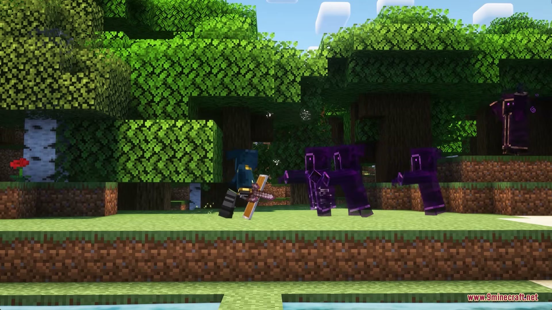 Illusion Onslaught Mod Screenshot 5 A player battles purple robed cultist mobs in a dense green forest