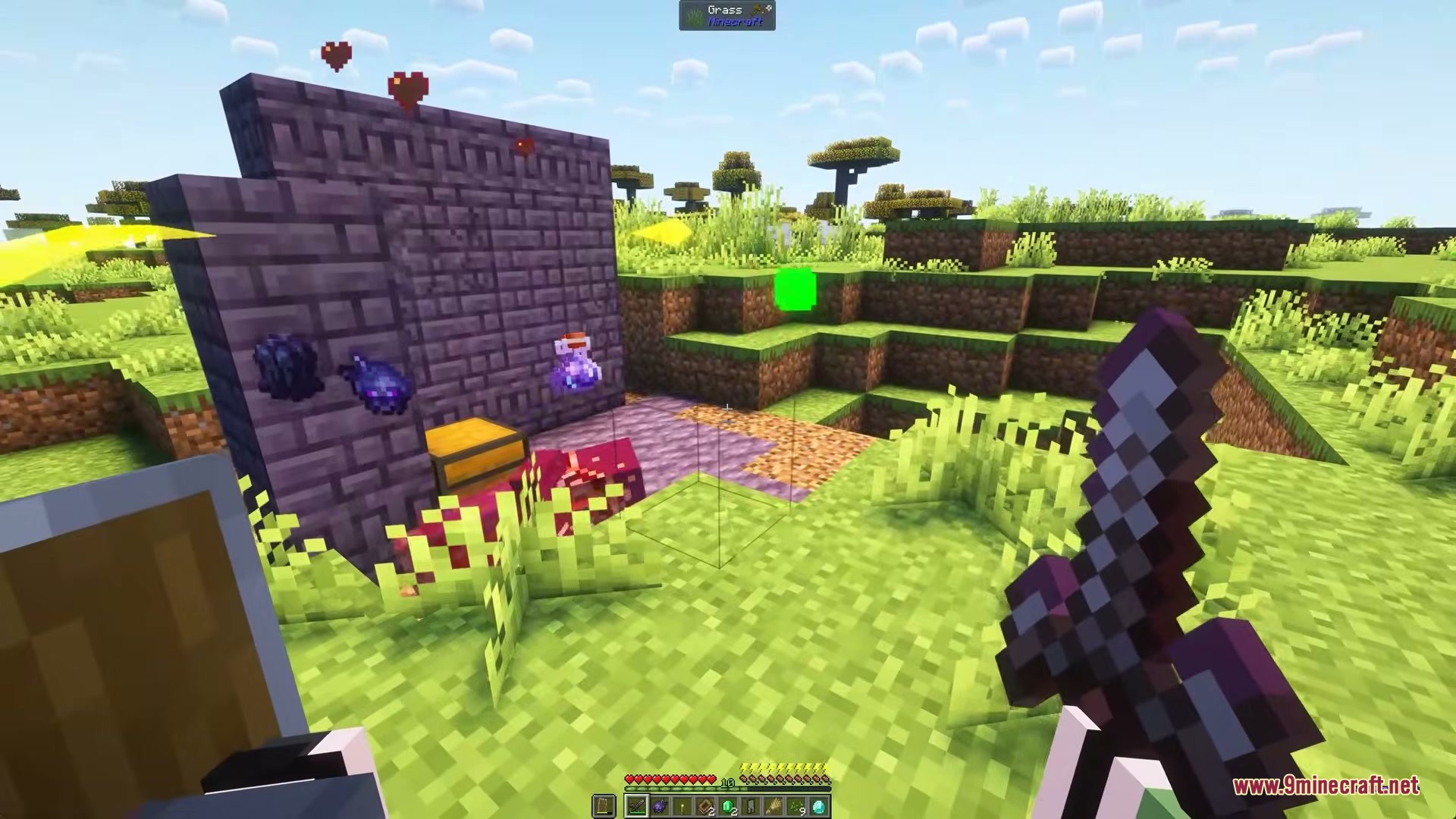 Illusion Onslaught Mod Screenshot 6 Player holding a dark sword in front of a wall with magical items