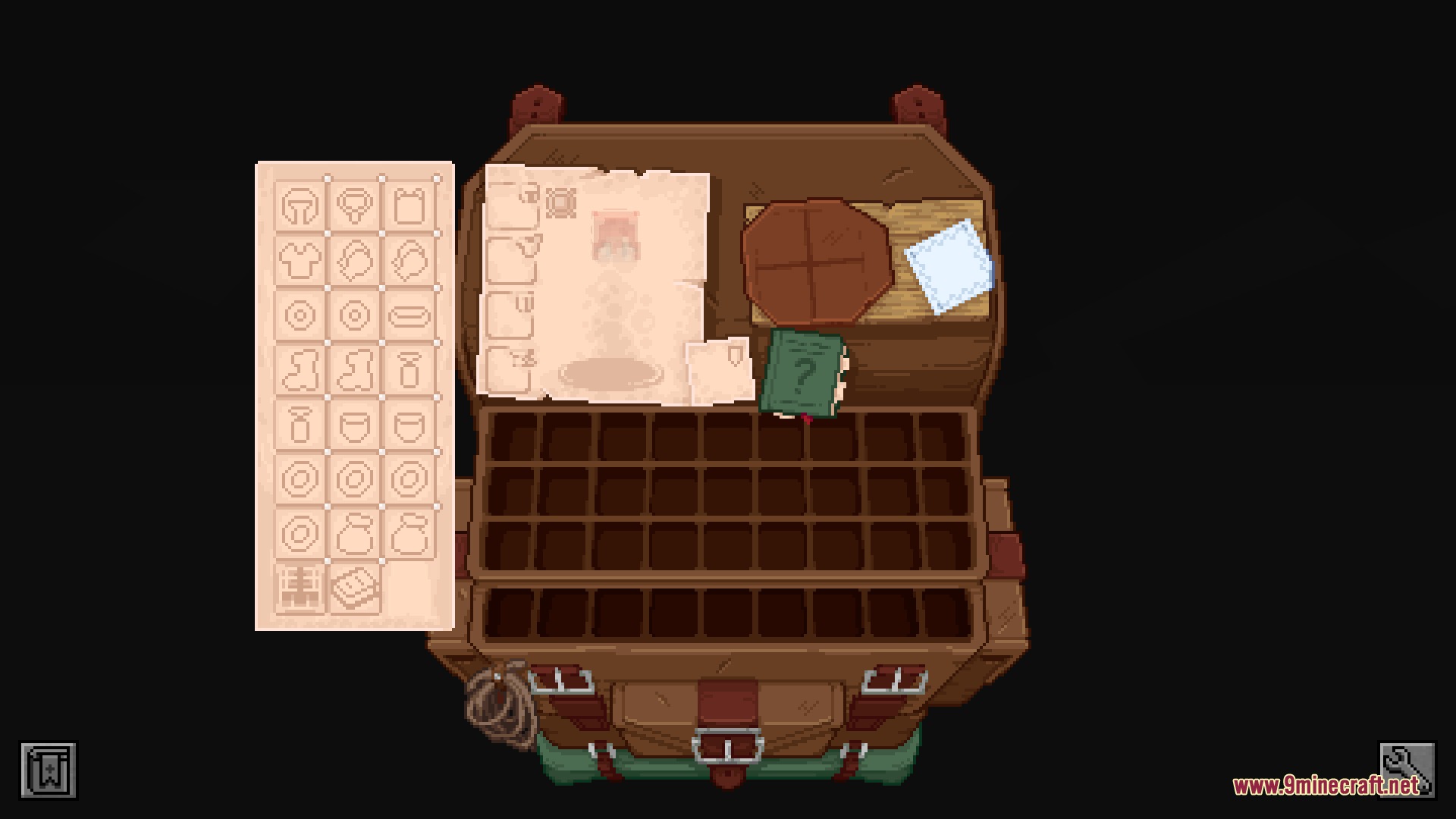 Detailed equipment menu with many accessory slots and a green book item