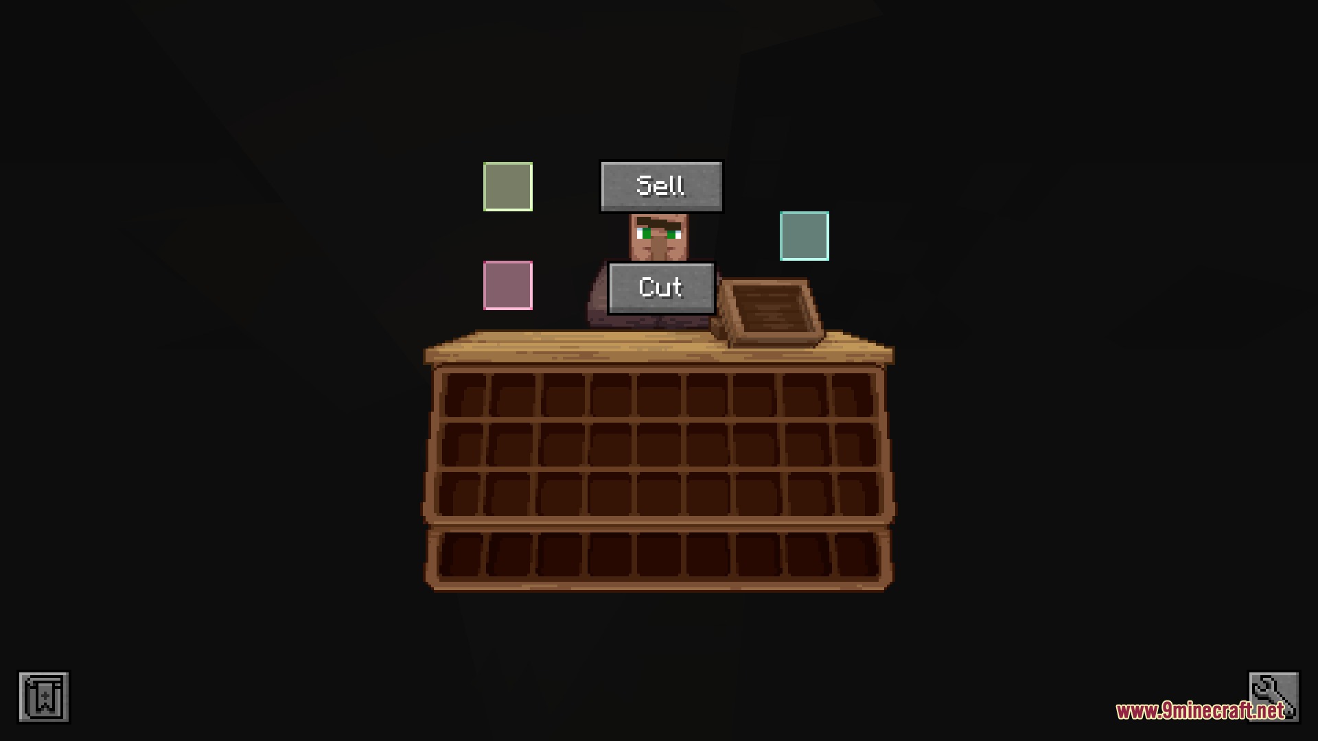A custom villager trading interface with buttons for selling and cutting items