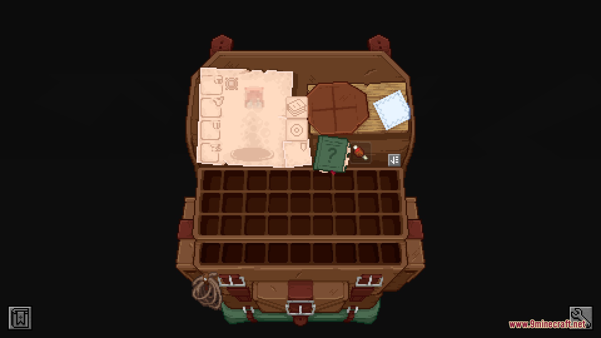 Detailed pixel art backpack menu with a map and empty inventory slots