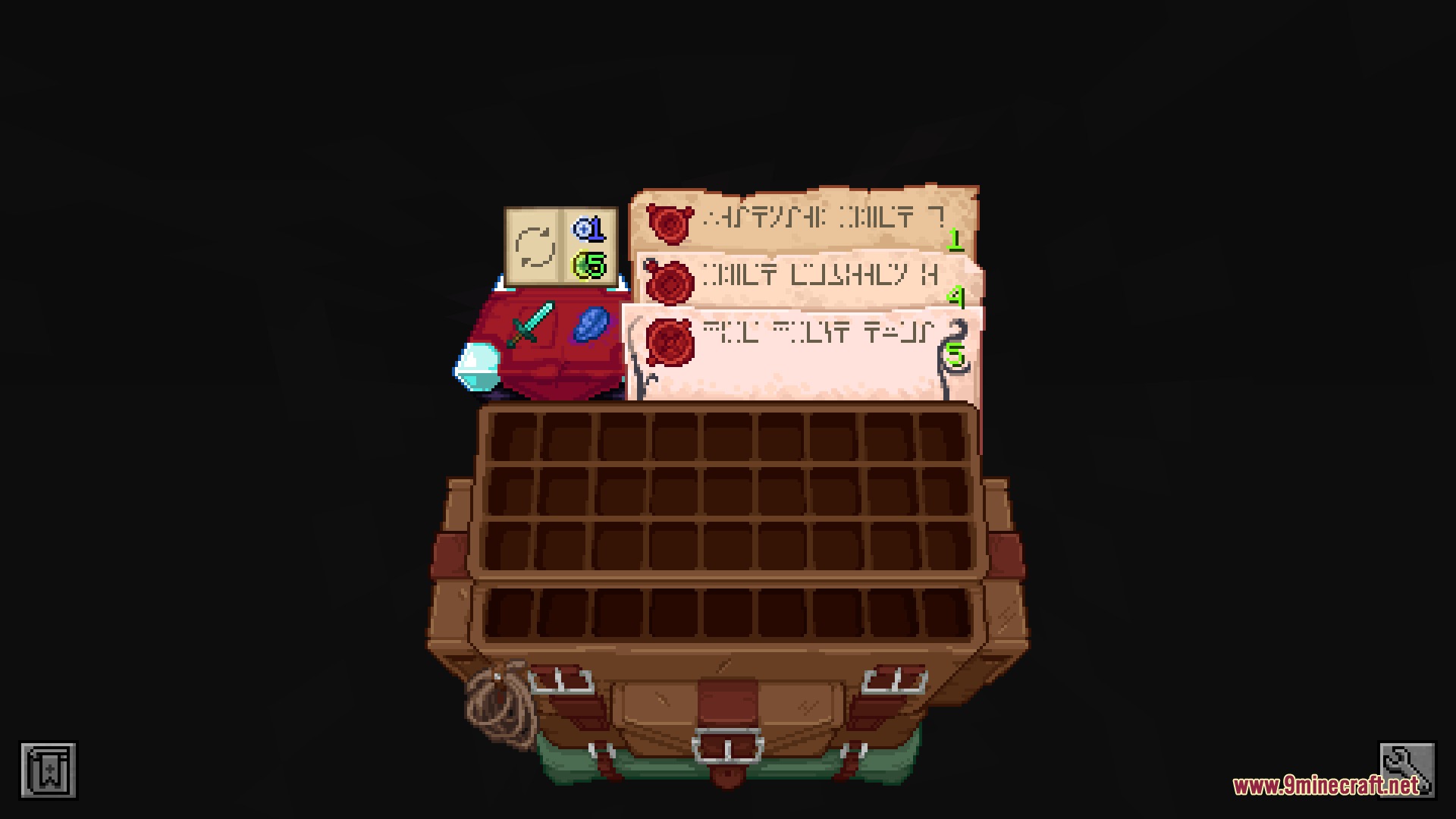 Magic interface showing a spellbook and several scrolls with red seals