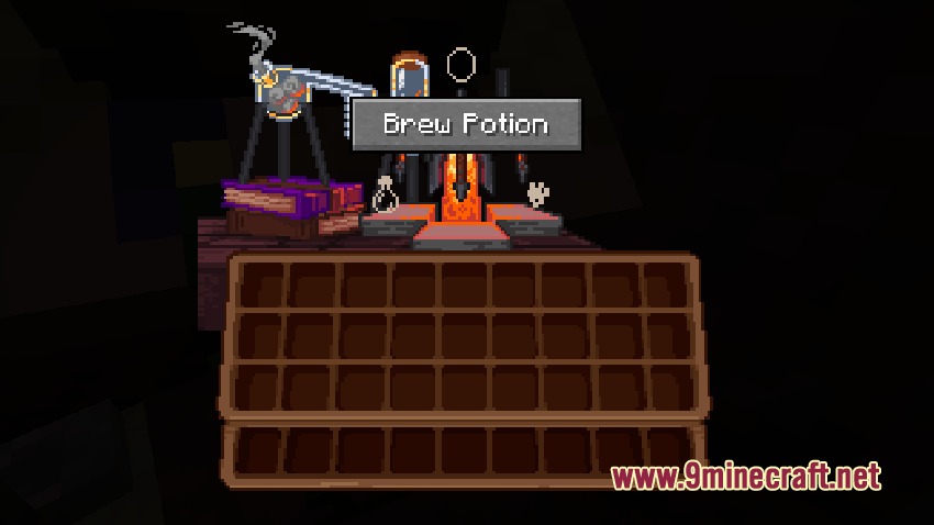 Immersive Interfaces style brewing menu with a stylized potion brewing button