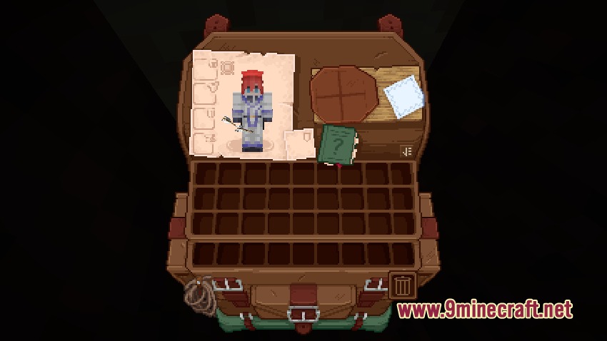 Detailed backpack inventory screen featuring a character preview and item slots