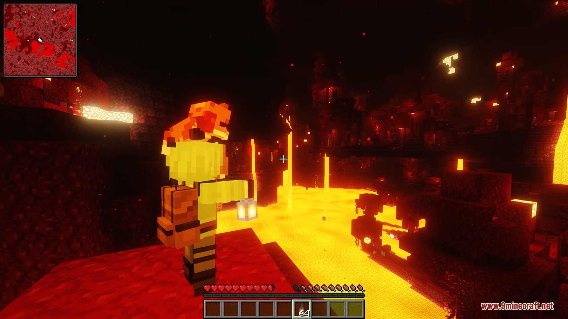 Immersive Minimaps Mod Screenshot 3 Player exploring the Nether with a fox on their head and a minimap