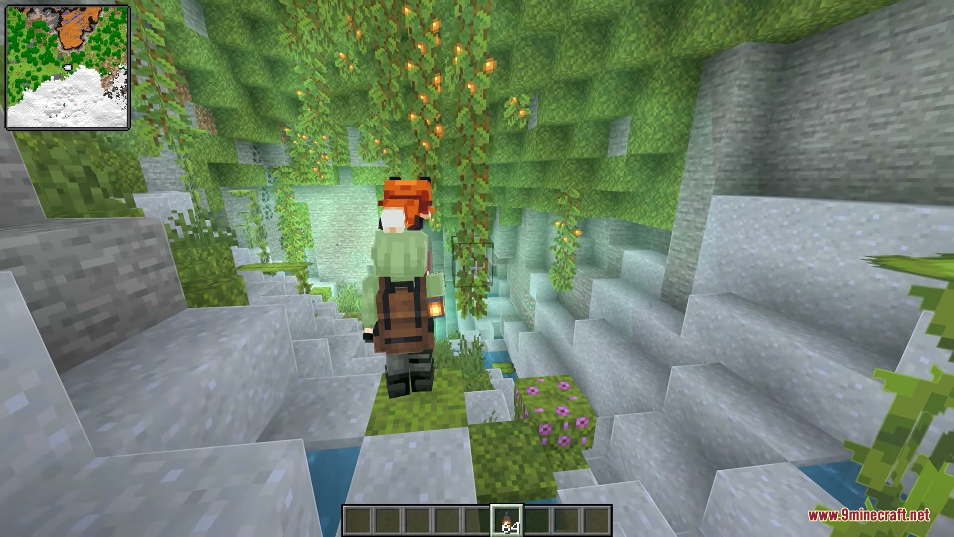 Immersive Minimaps Mod Screenshot 5 Player explores a lush cave with a minimap displayed in the corner