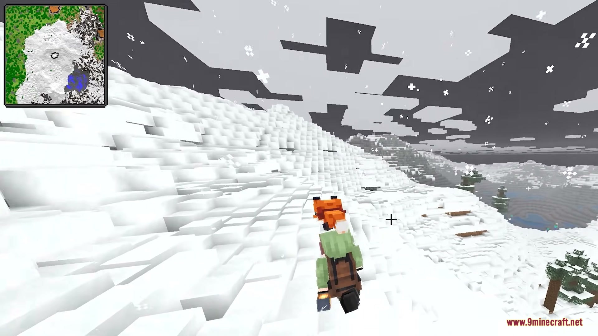Immersive Minimaps Mod Screenshot 7 Player character with a fox backpack walking on a snowy mountain peak