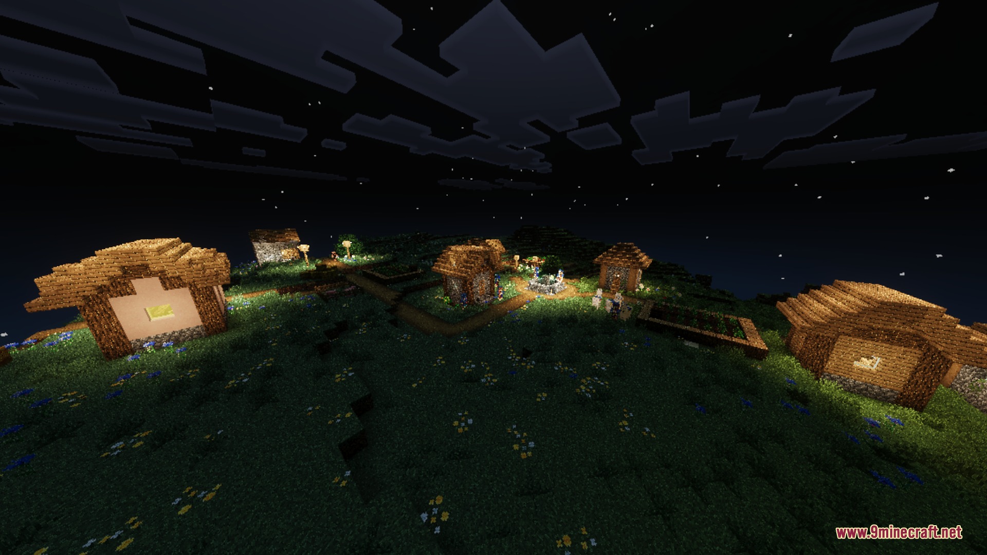 A peaceful village at night featuring warm glowing lanterns and wooden houses