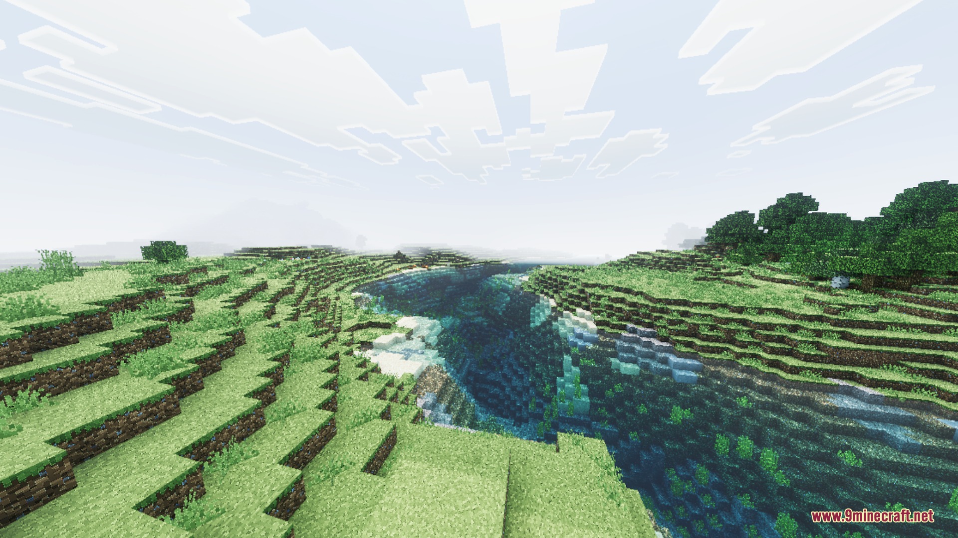 A scenic Minecraft landscape featuring a deep river with realistic water reflections