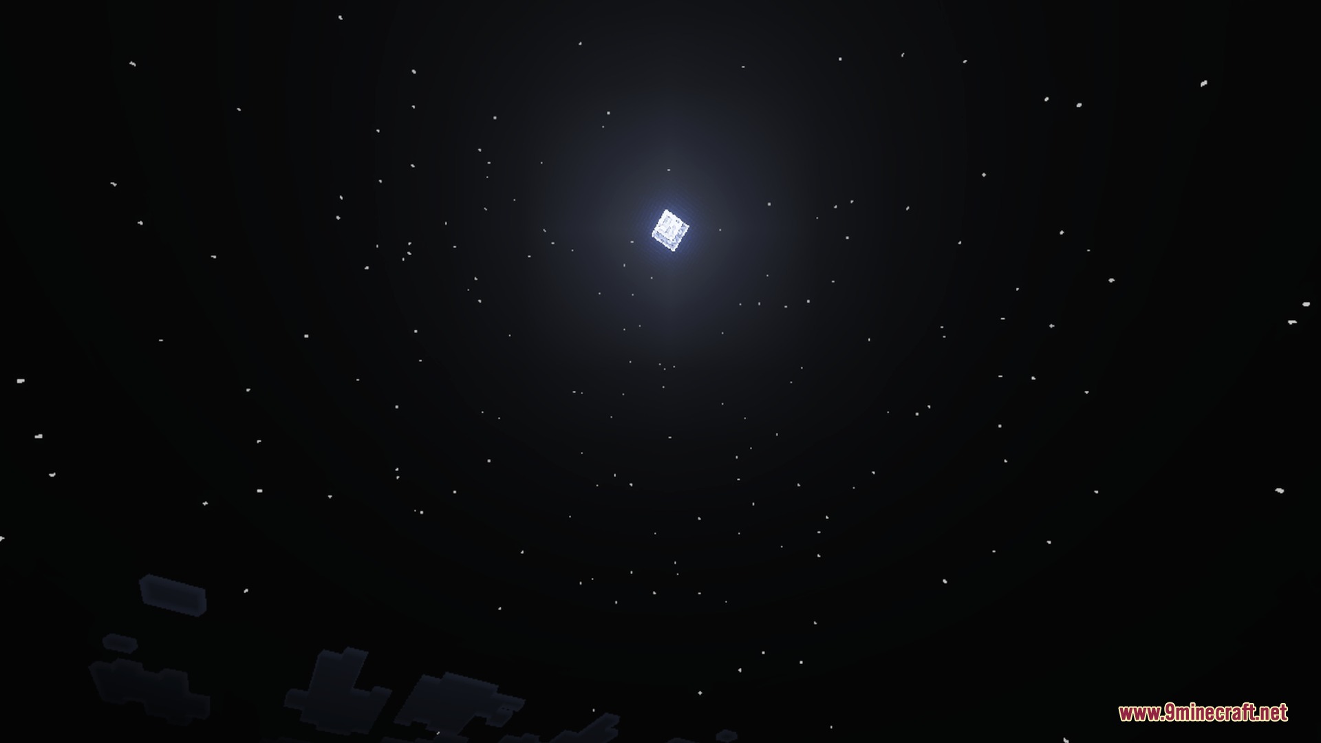 A bright square moon shines in the dark starry night sky