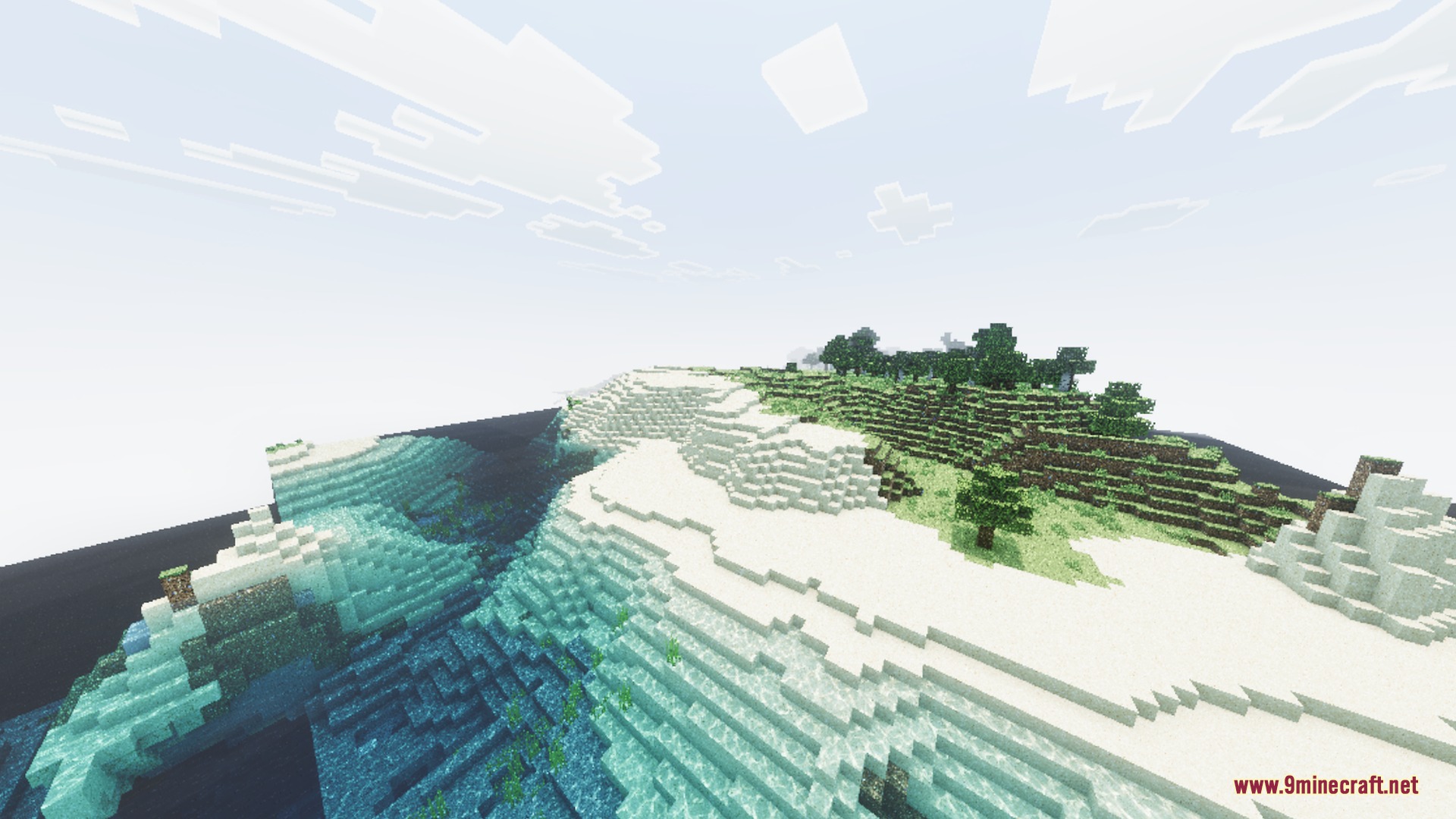 Scenic Minecraft coastline with white sand and realistic water caustics and reflections