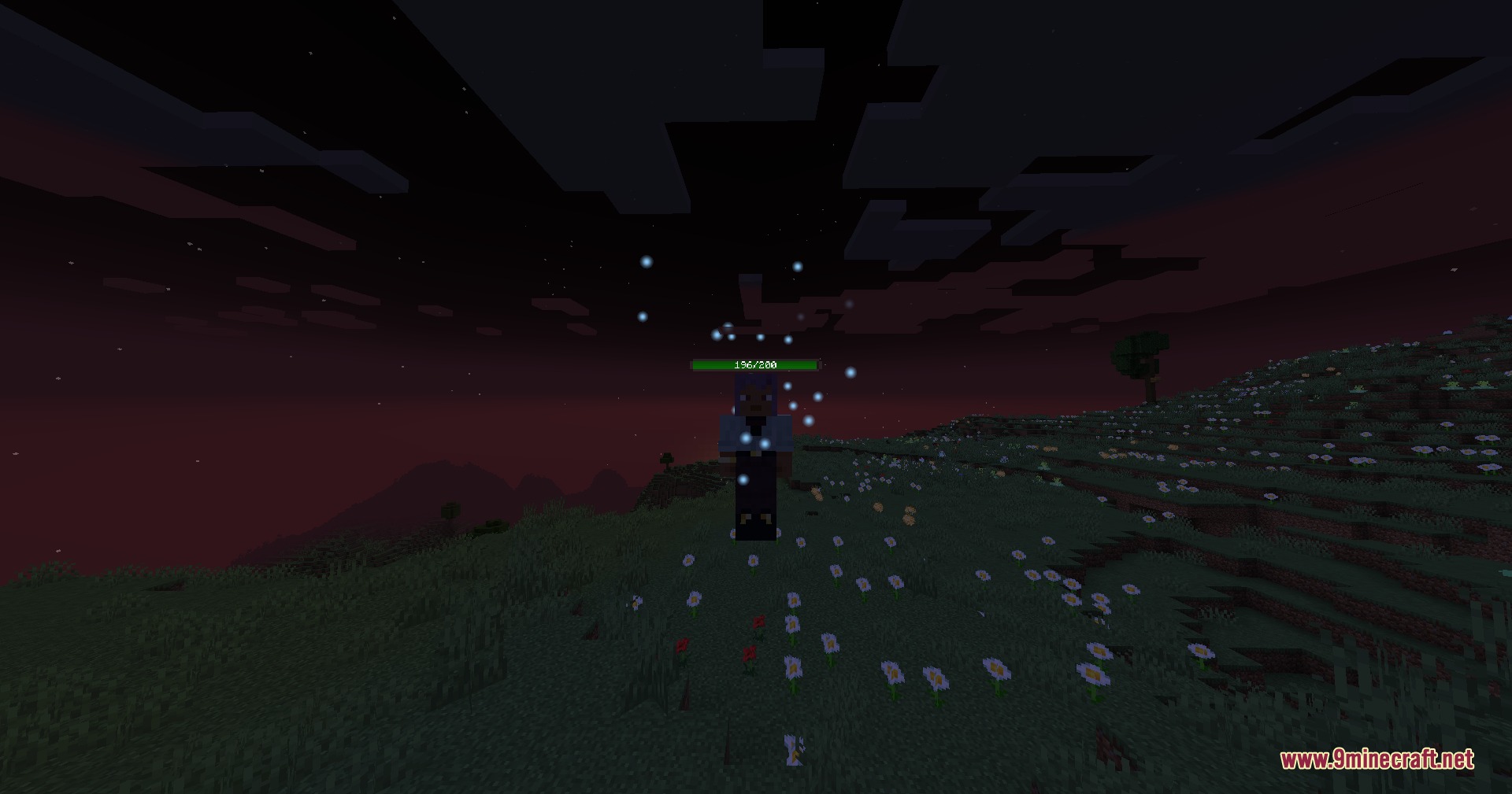 Immortal Cultivation 修仙 Mod Screenshot 2 Player character standing in a grassy field with small blue glowing magic particles