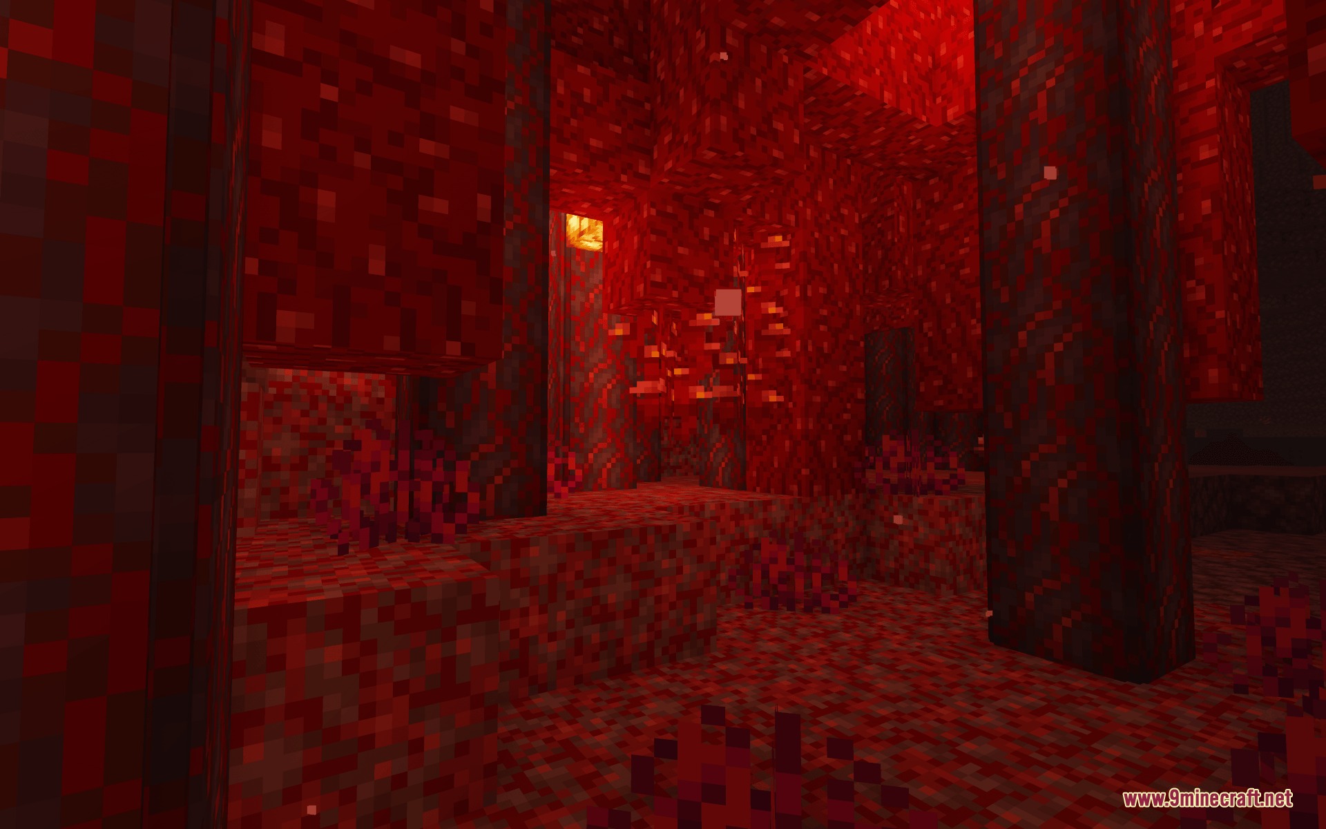 Improved Logs Resource Pack Screenshot 5 Crimson stems featuring 3D rounded textures growing in a red Nether forest